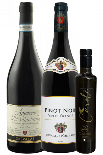 Amarone Salvalai + Olio EVO Bio Carolè MisterEvo + Pinot Noir Dufou