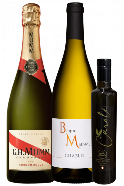 Mumm Cordon Rouge + Olio EVO Bio Carolè MisterEvo + Chablis Begue-Mathio