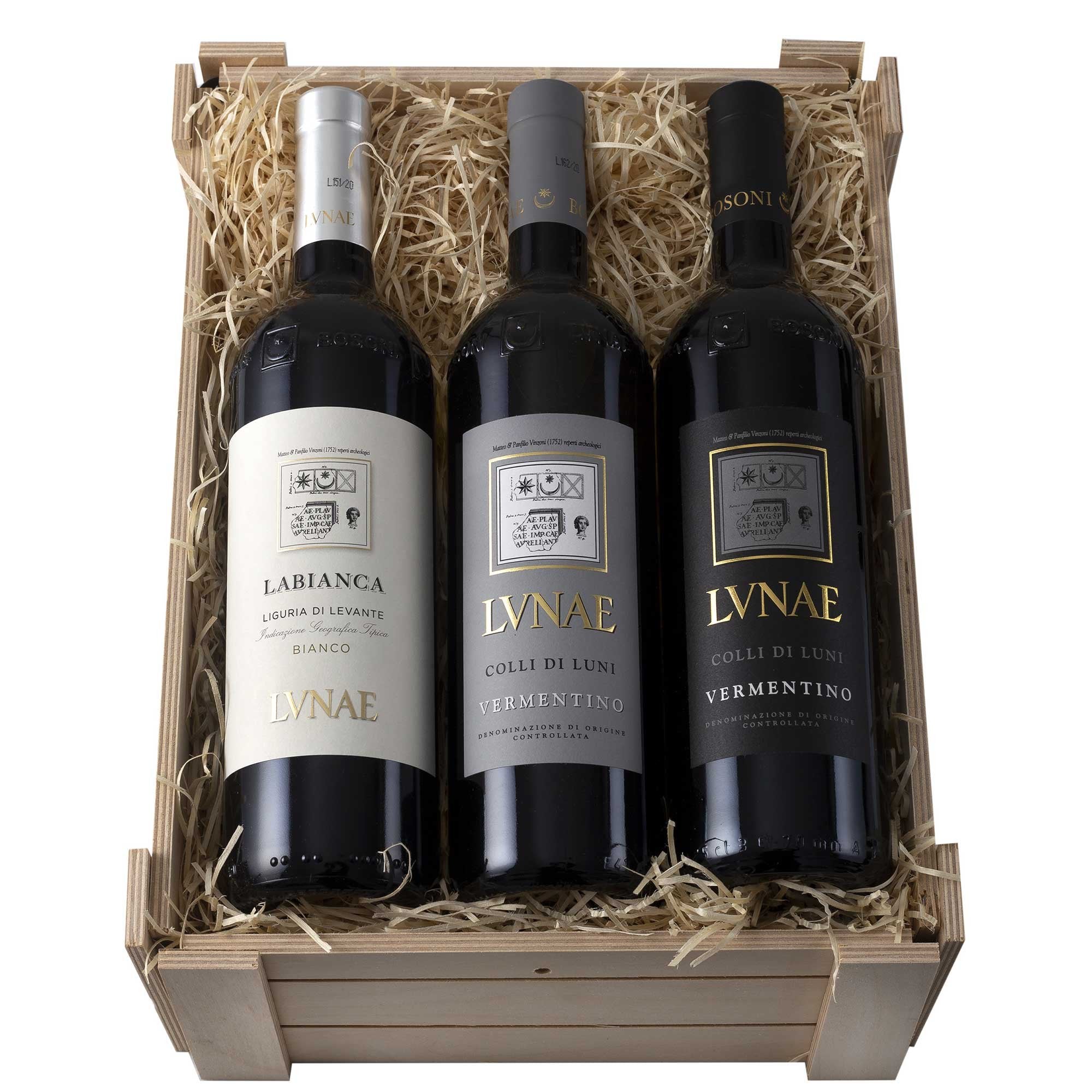 Colli di Luni Vermentino DOC "Etichetta Nera" + Colli di Luni Vermentino DOC "Etichetta Grigia" 2024 + Liguria di Levante Bianco IGT "Labianca" 2024 - Lunae (cassetta di legno)