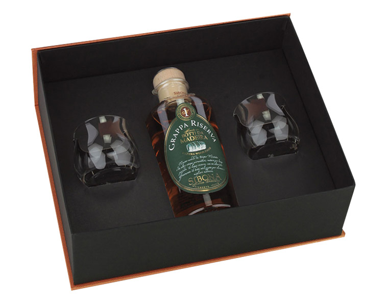 Eleganza Sibona Grappa Riserva Botti Da Madeira Con 2 Bicchieri